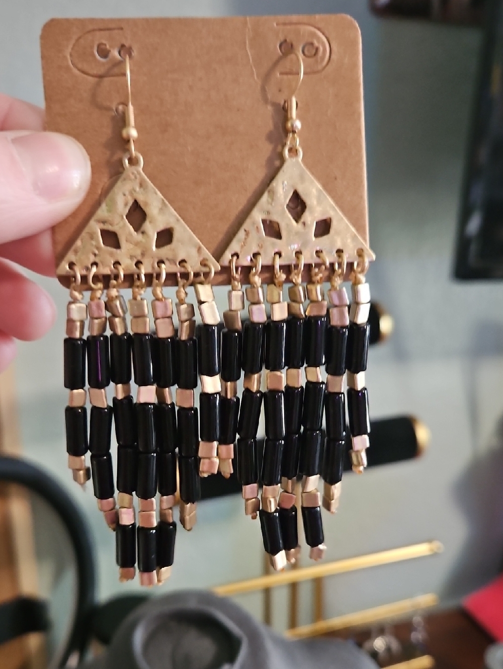 Boho Gold-Tone Black Beaded Fringe Earrings - Women Jewelry